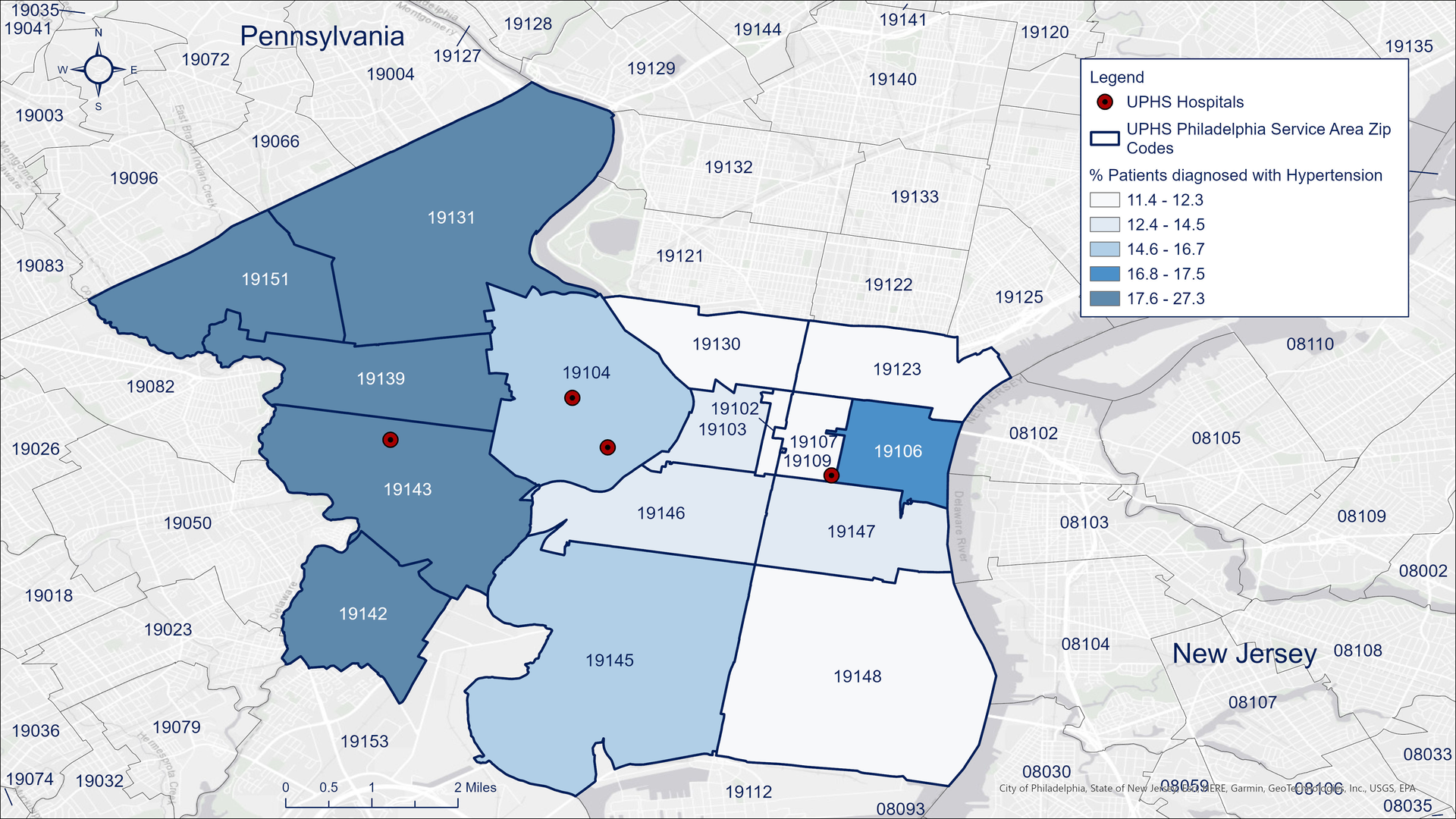 Map of Philadelphia, Pennsylvania, showing the percentage of Penn Medicine patients between 18 and 85 who were diagnosed with hypertension (high blood pressure). The Penn patient population is defined as adults 18 or older who live in a zip code of interest and had an encounter at a Penn Medicine facility, including the emergency department, in 2022-23.
