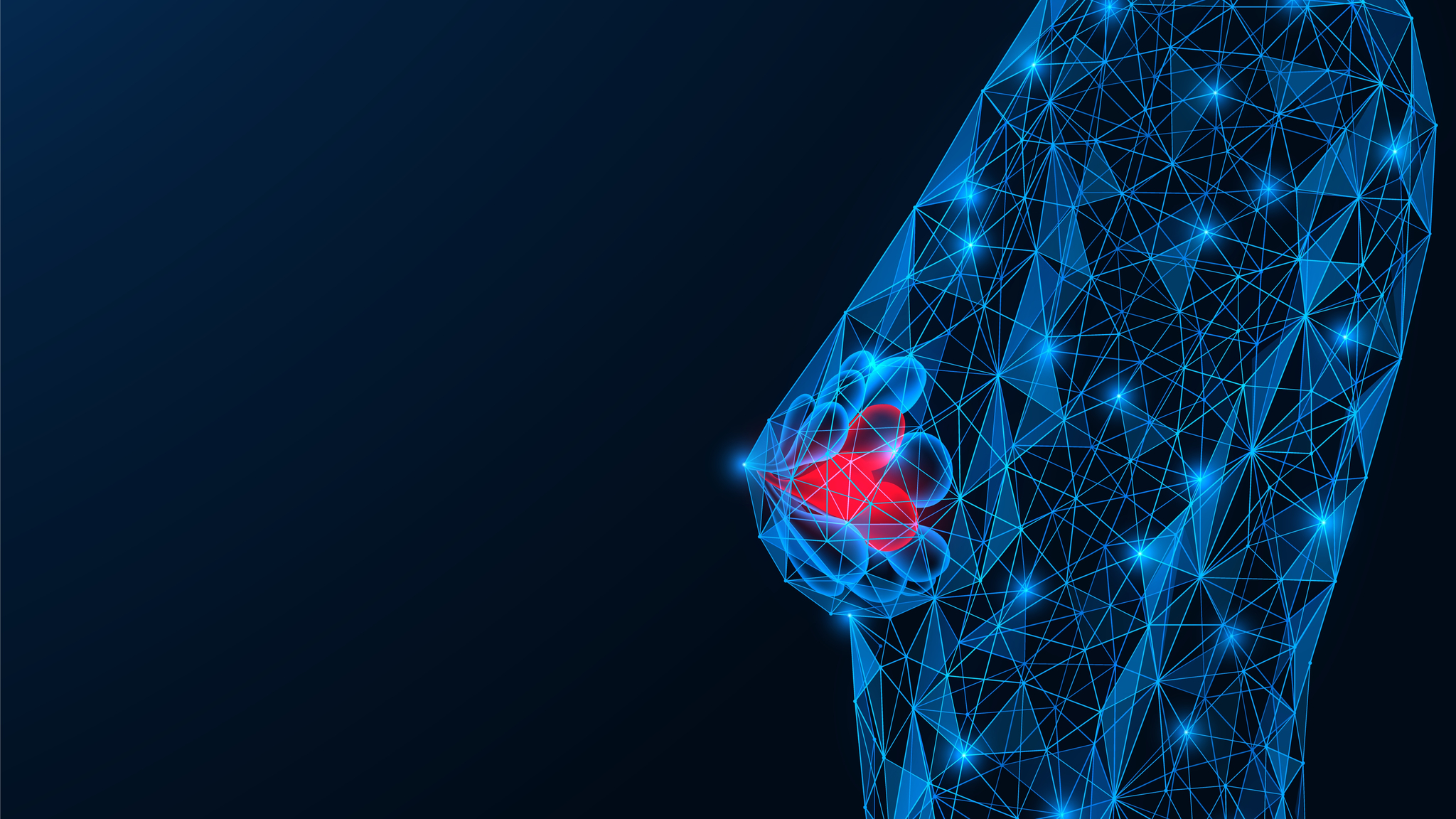 Breast cancer. Female breasts with symptoms of the disease. A low-poly construction of interconnected lines and dots. Blue background.