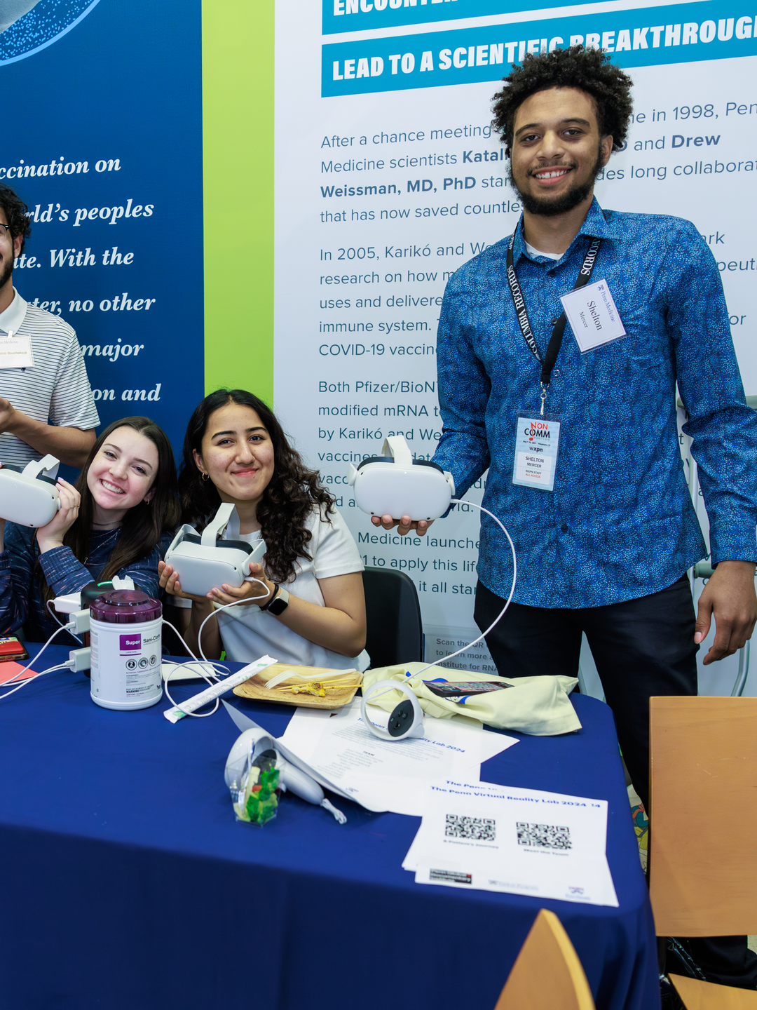 Cinema & Media Studies professor Peter Decherney and students from the Virtual Reality Lab, shown here with virtual reality headsets in hand, debuted their videos at the Spring 2024