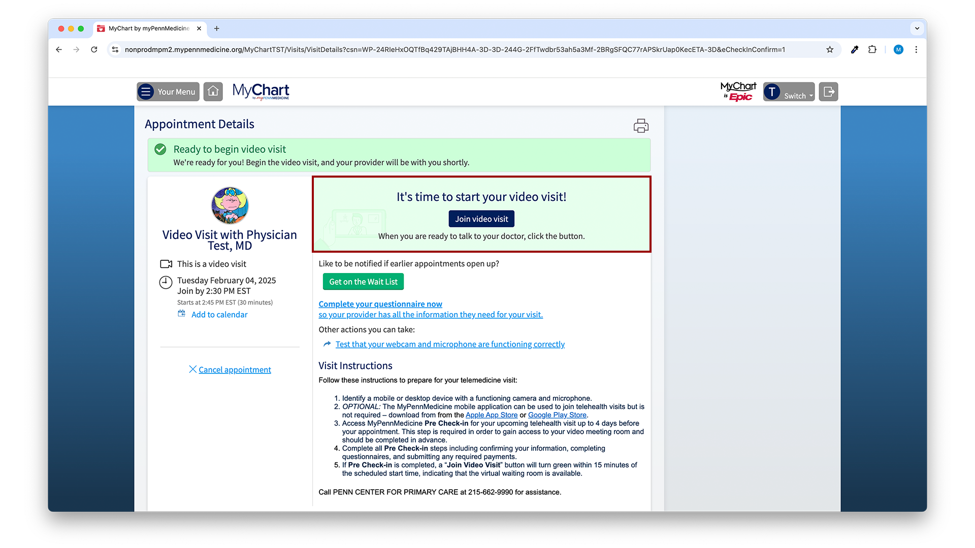 Screenshot of MyChart by MyPennMedicine appointment details page on desktop with Join Video Visit button highlighted with red outline