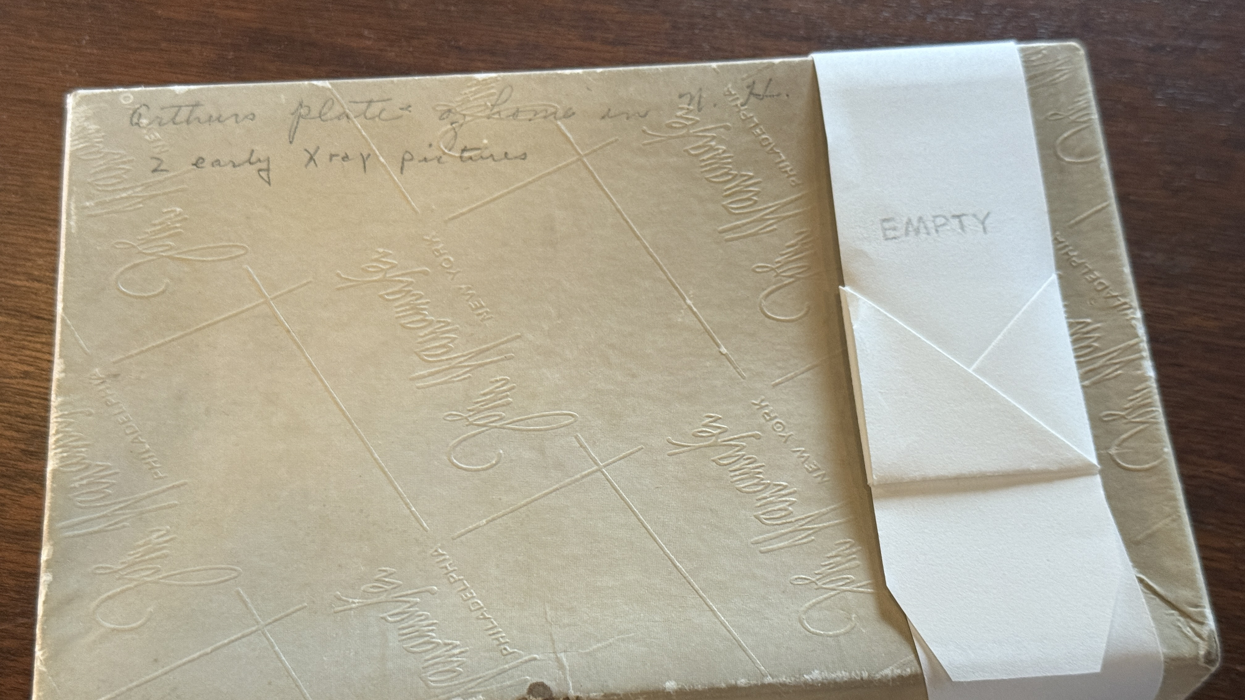 A box from the Wanamaker department store, on which was labeled 2 early X-ray pictures