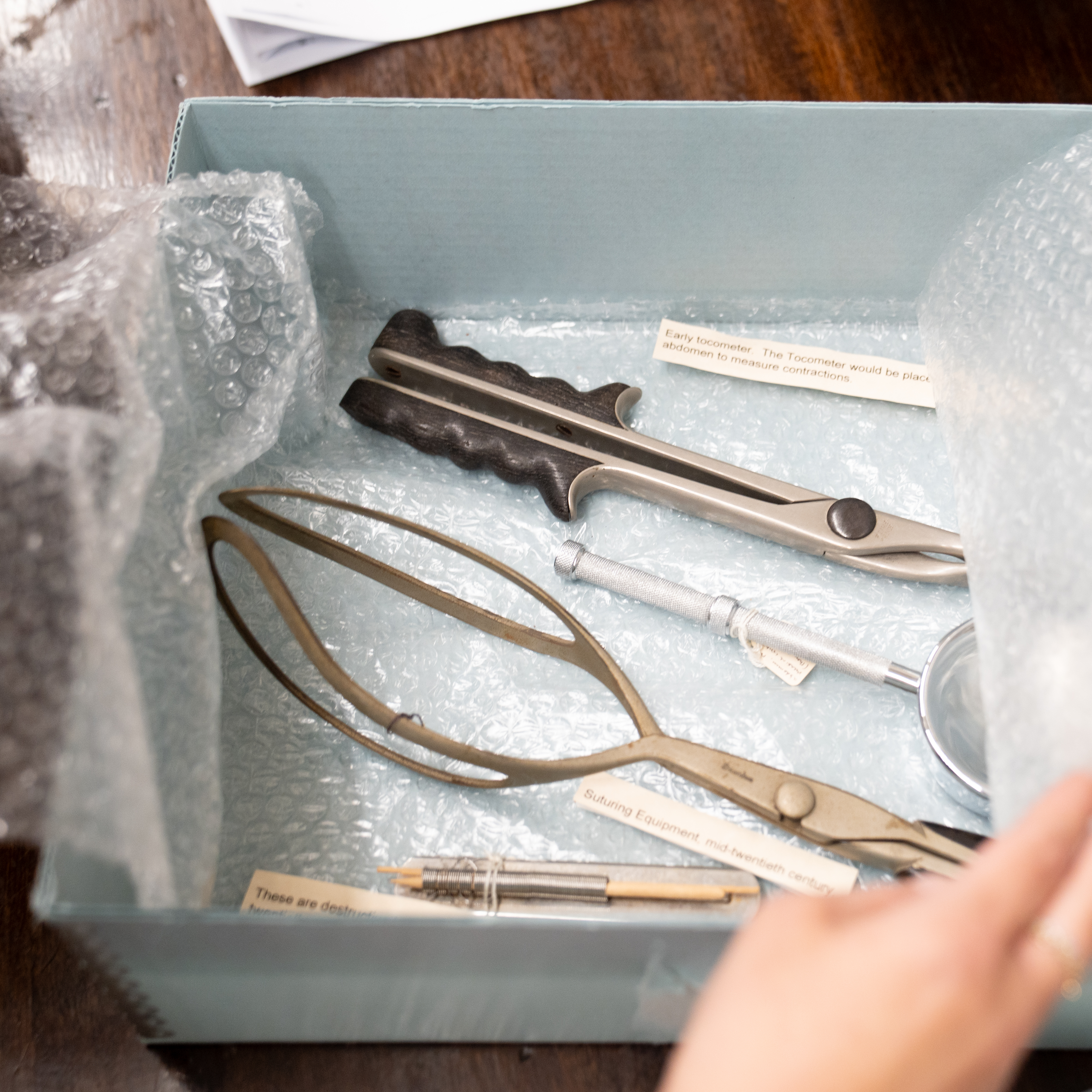 A box of surgical tools that were packaged for the Pennsylvania Hospital museum