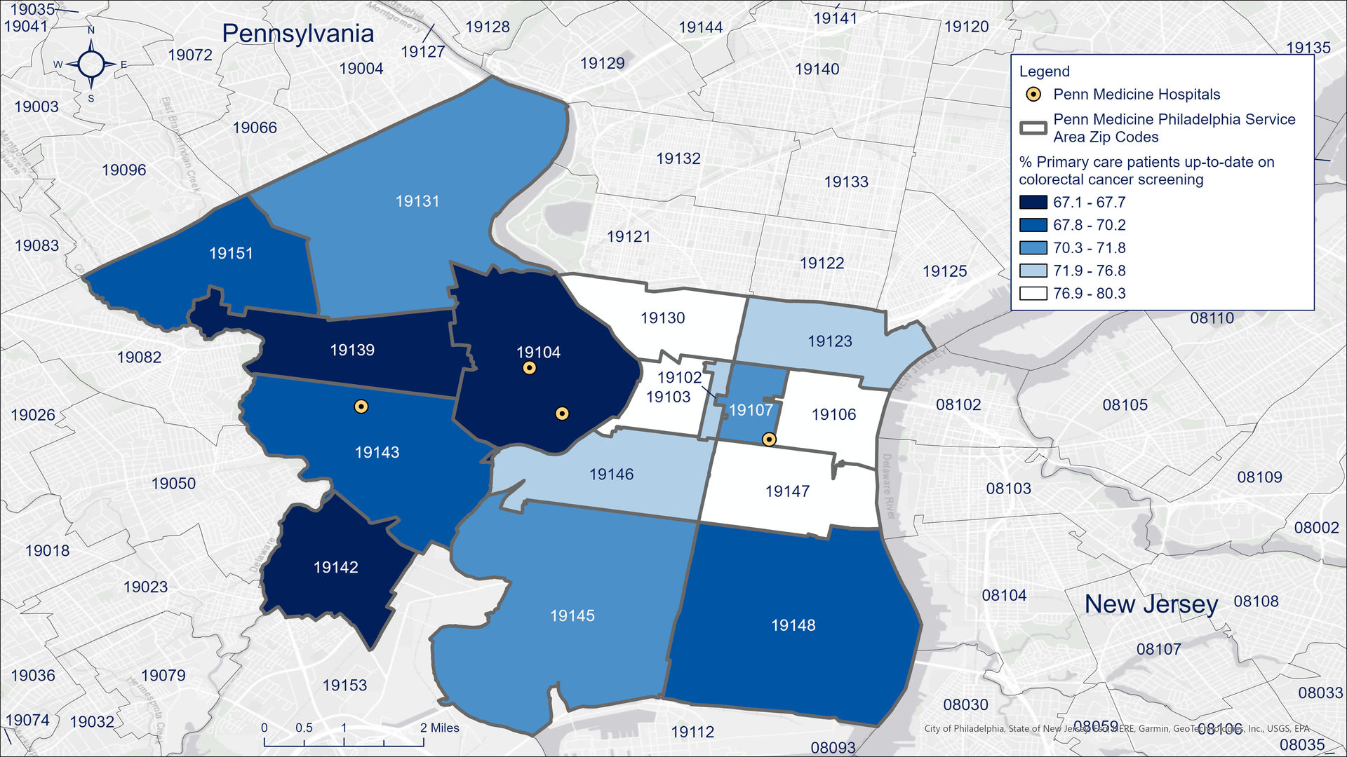 This map shows the percentage of eligible Penn Medicine Primary Care patients who were up to date on colorectal cancer screening by zip code in 2024. Source: Penn Medicine, 2024