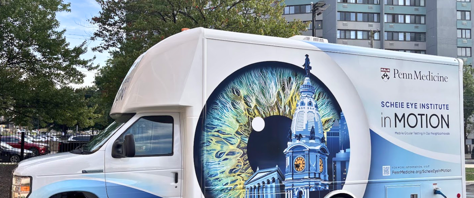 The exterior of the Scheie Eye Institute in MOTION van