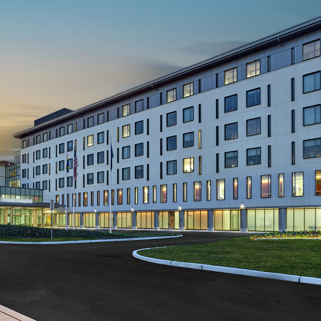 Chester County Hospital building at sunset