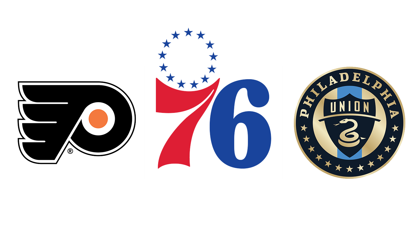 Logos of the Philadelphia Flyers, Philadelphia 76ers, Philadelphia Union, and US Squash teams