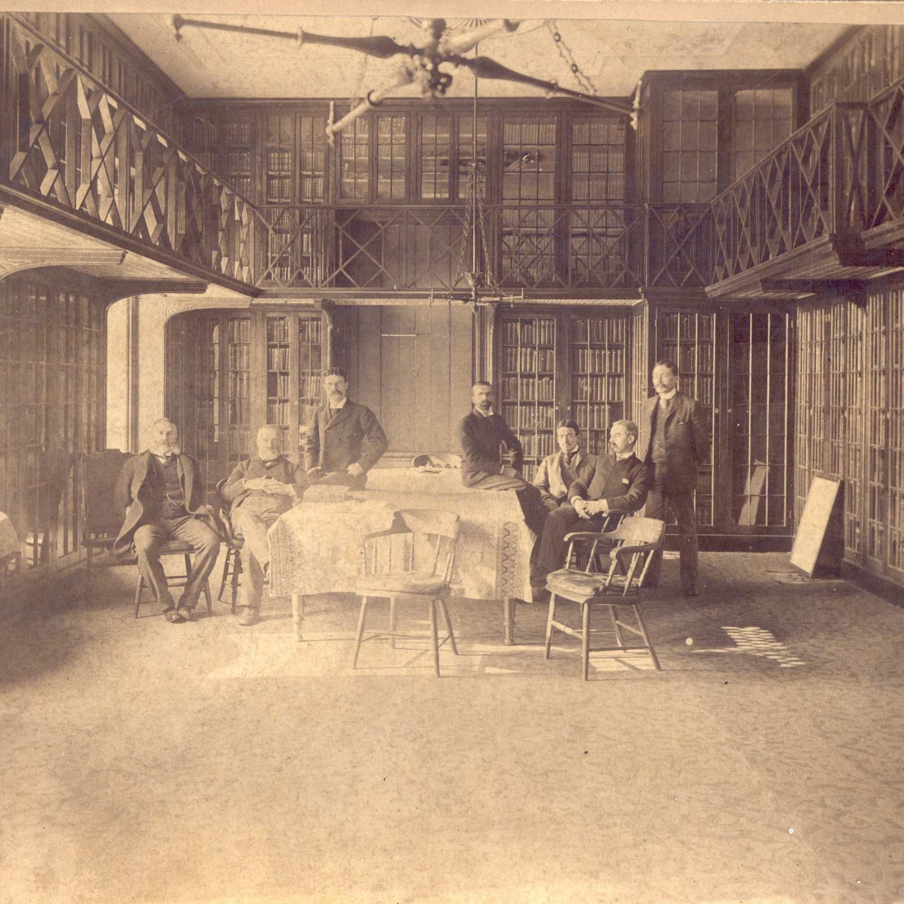 Old photograph of Pennsylvania Hospital board members in the Pine Building historic library