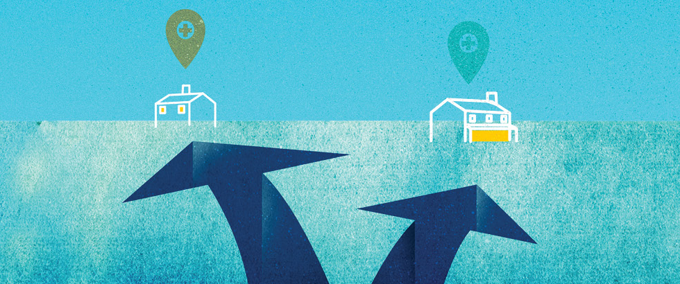 An illustration of curved arrows on a blue background, each pointing to a house