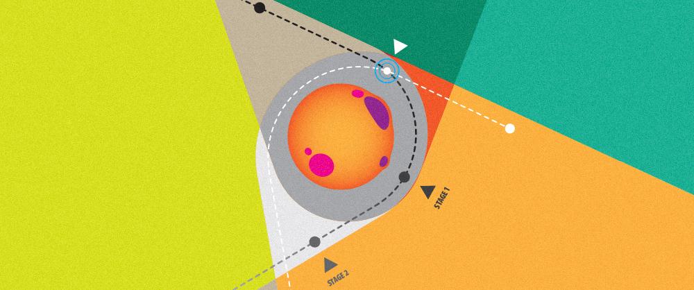 An abstract illustration of a colorful flat space is marked with symbols resembling a football play diagram of an interception, arrayed around an image of a cell