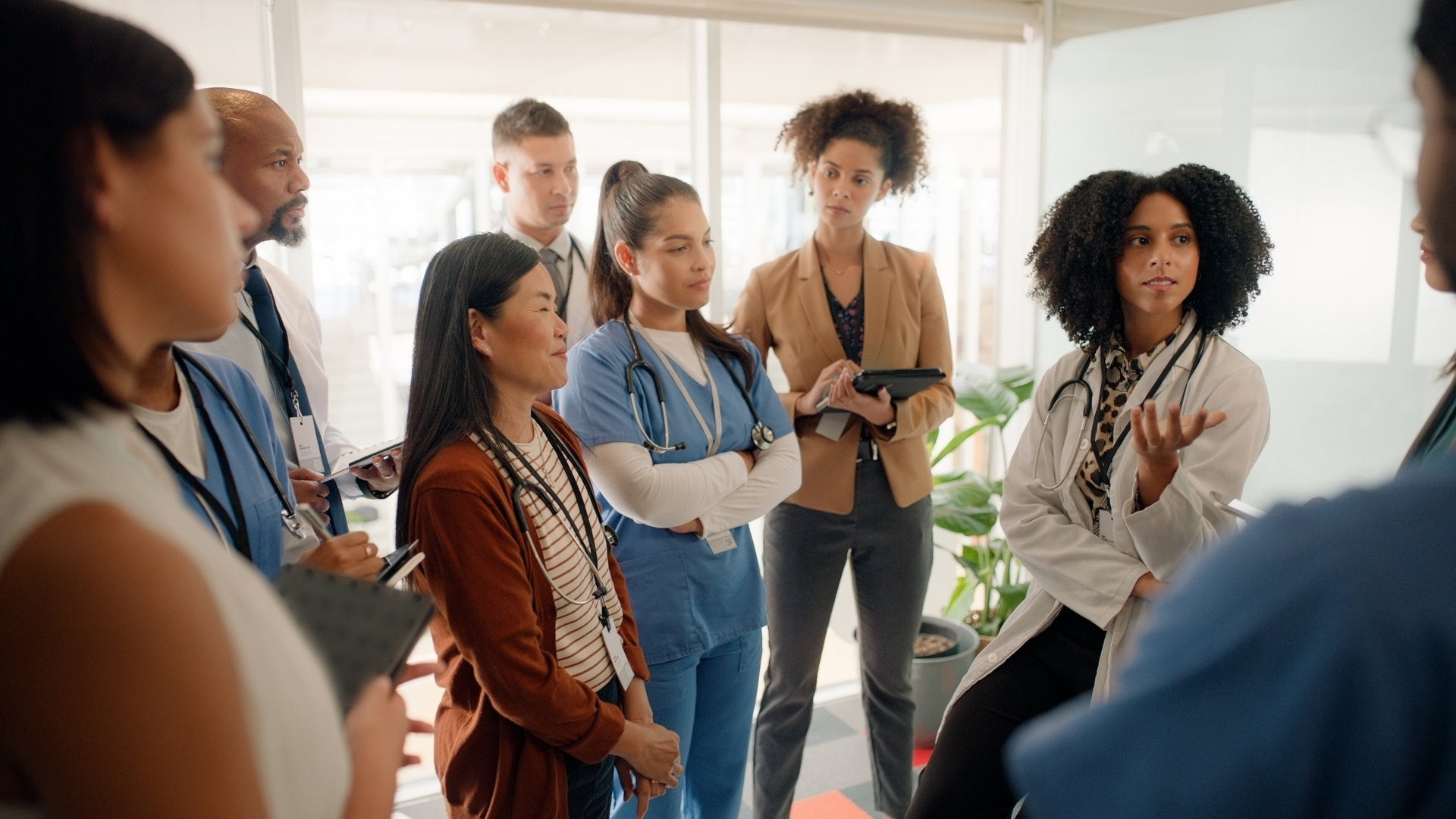 Medical, team and presentation with staff for workshop, 