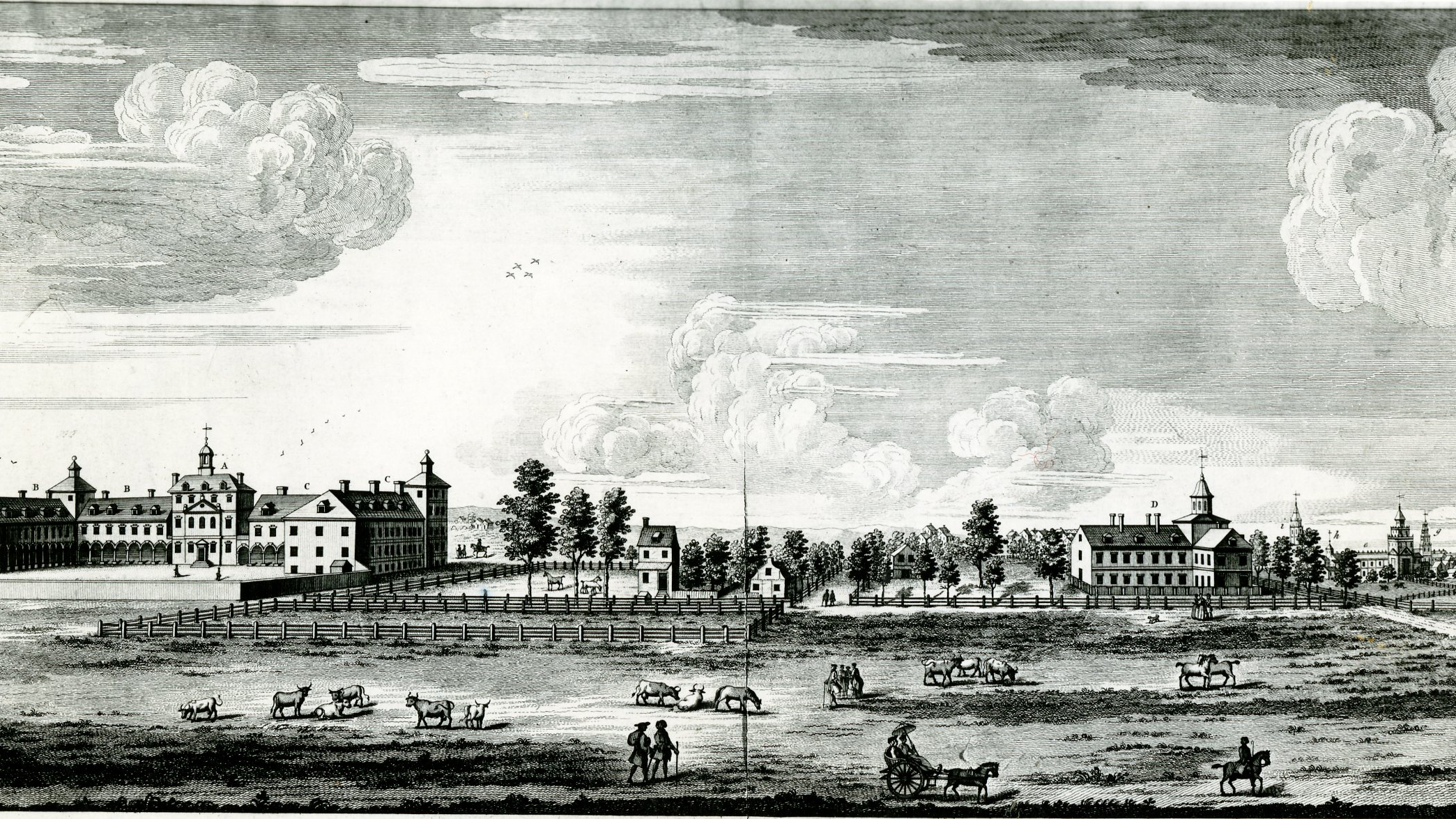 19th century painting by an unknown artist, “House of Employment, AlmsHouse and Pennsylvania Hospital. Pennsylvania hospital is the building on the right