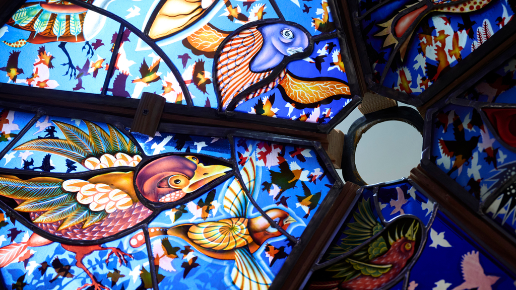 A close-up of the stained glass panels in the dome that artist Judith Schaechter is building