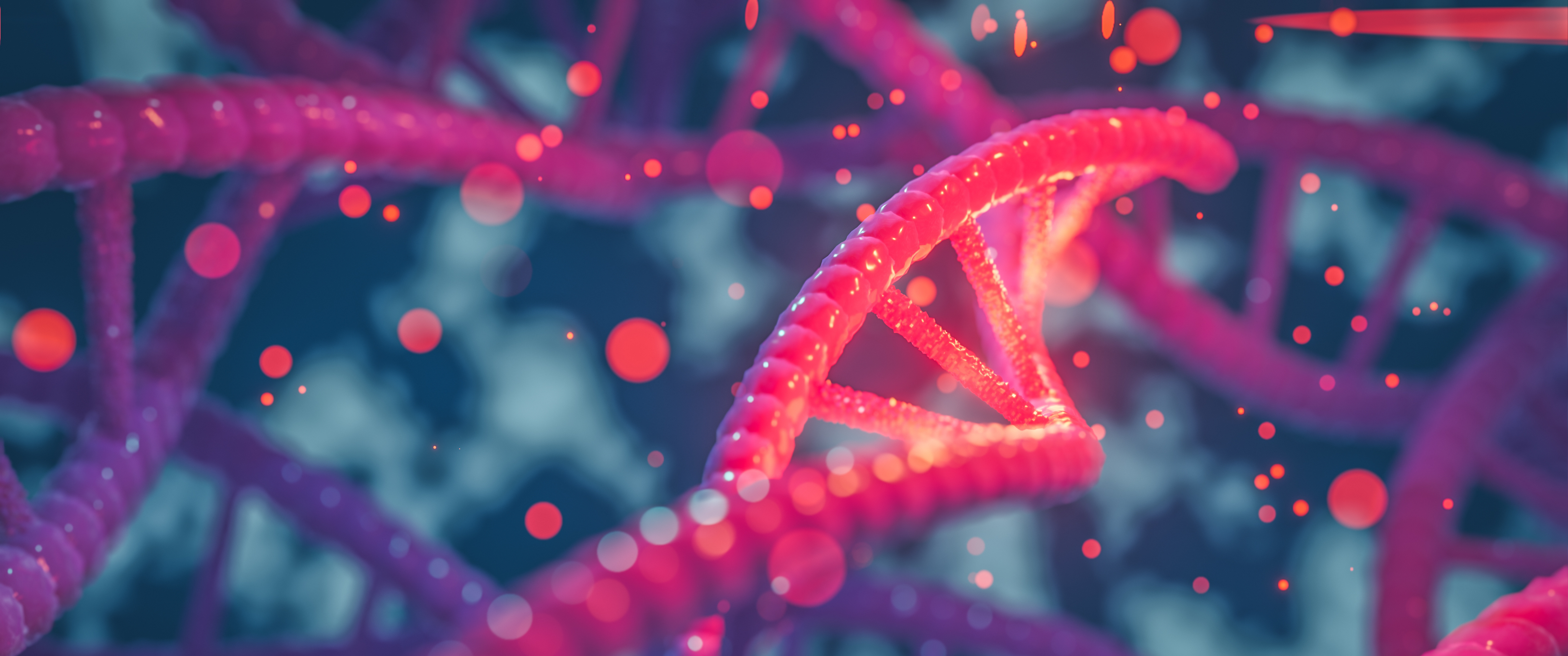 A 3D illustration of a neon pink DNA strand