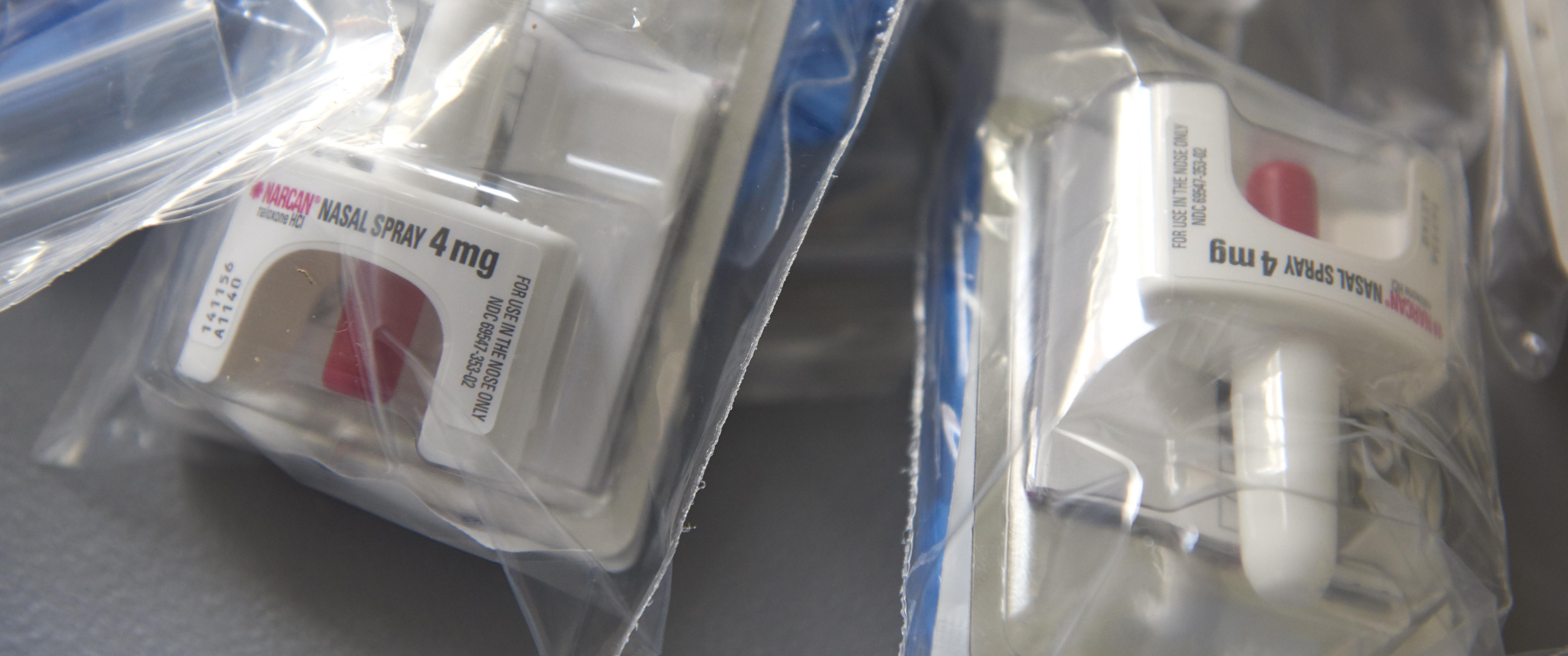 Close-up photo of packages of Narcan nasal spray medication, used to reverse opioid overdoses