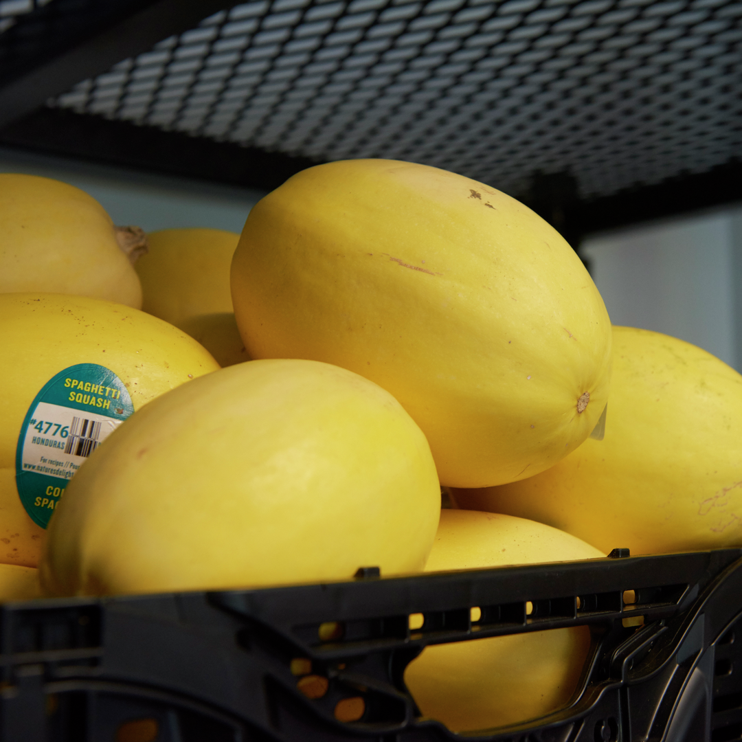 A bin of spaghetti squash