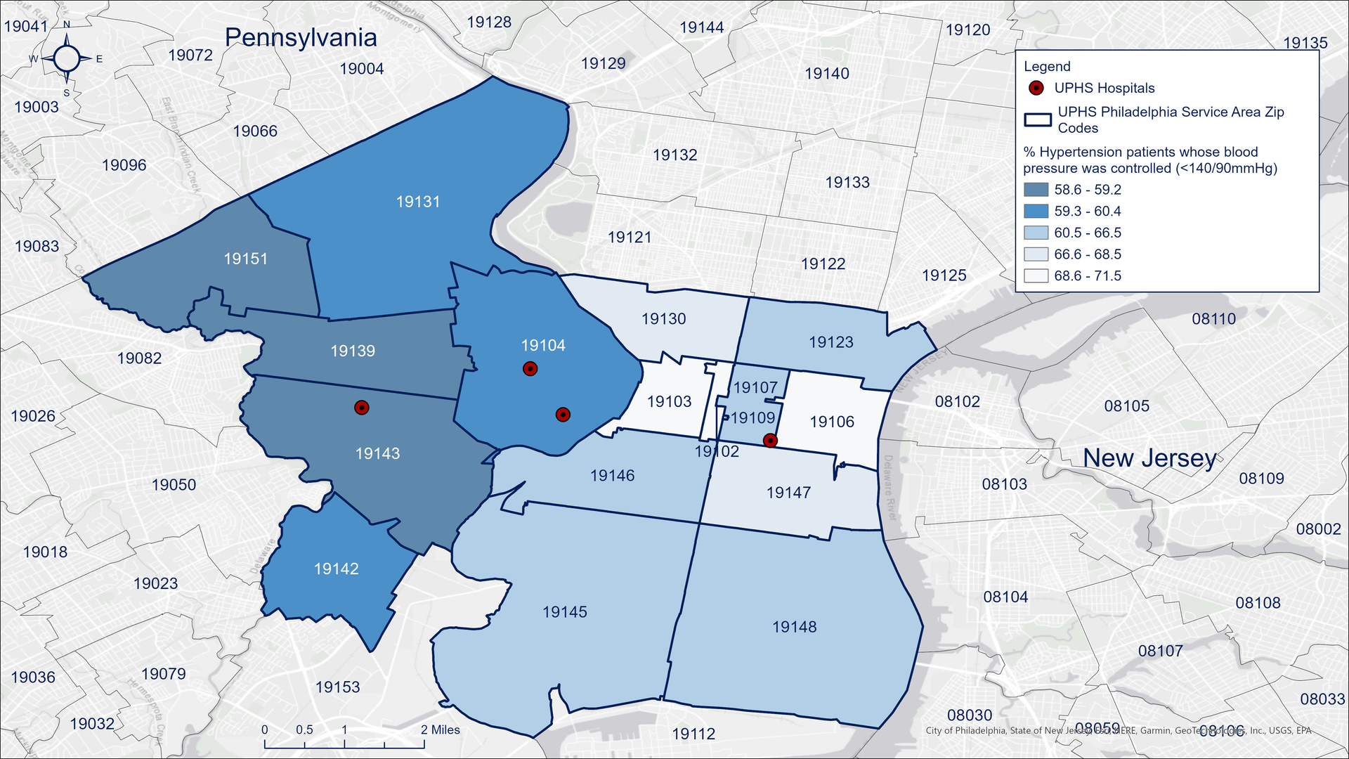 Map of Philadelphia, Pennsylvania, showing the percentage of Penn Medicine patients with high blood pressure (hypertension) whose blood pressure was under control in 2023. The Penn patient population is defined as adults 18 or older who live in a zip code of interest and had an encounter at a Penn Medicine facility, including the emergency department, in 2022-23.