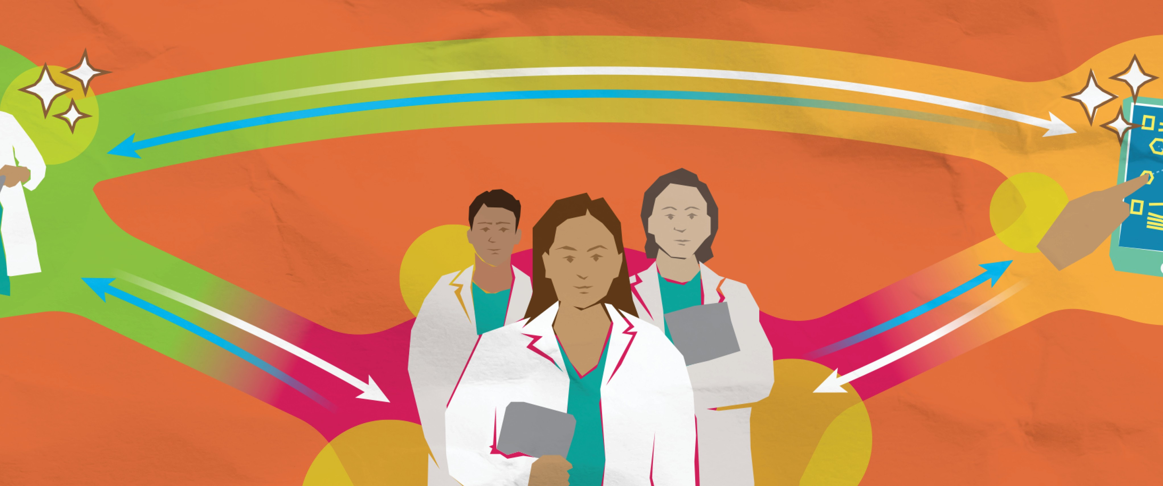 An illustration of medical students in short white coats standing confidently, connected to illustrated bubbles showing patient interactions and a tablet