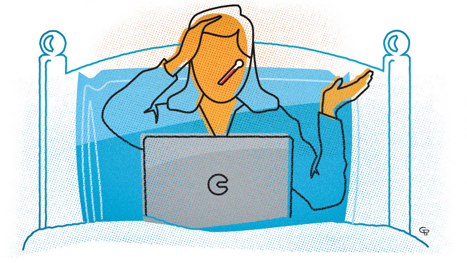 Illustration of an abstract human figure in bed with a laptop and a thermometer in their mouth