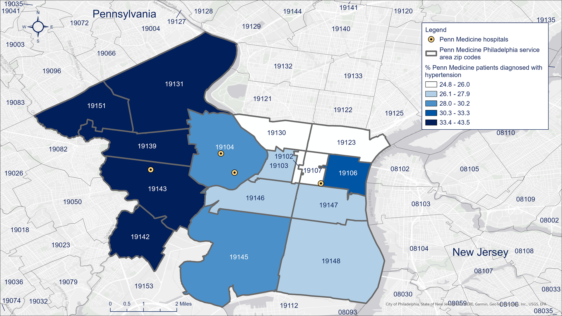 This map shows the rates of hypertension (defined as ≥ 130/80) for all patients who visited any Penn facility over the last 2 years.