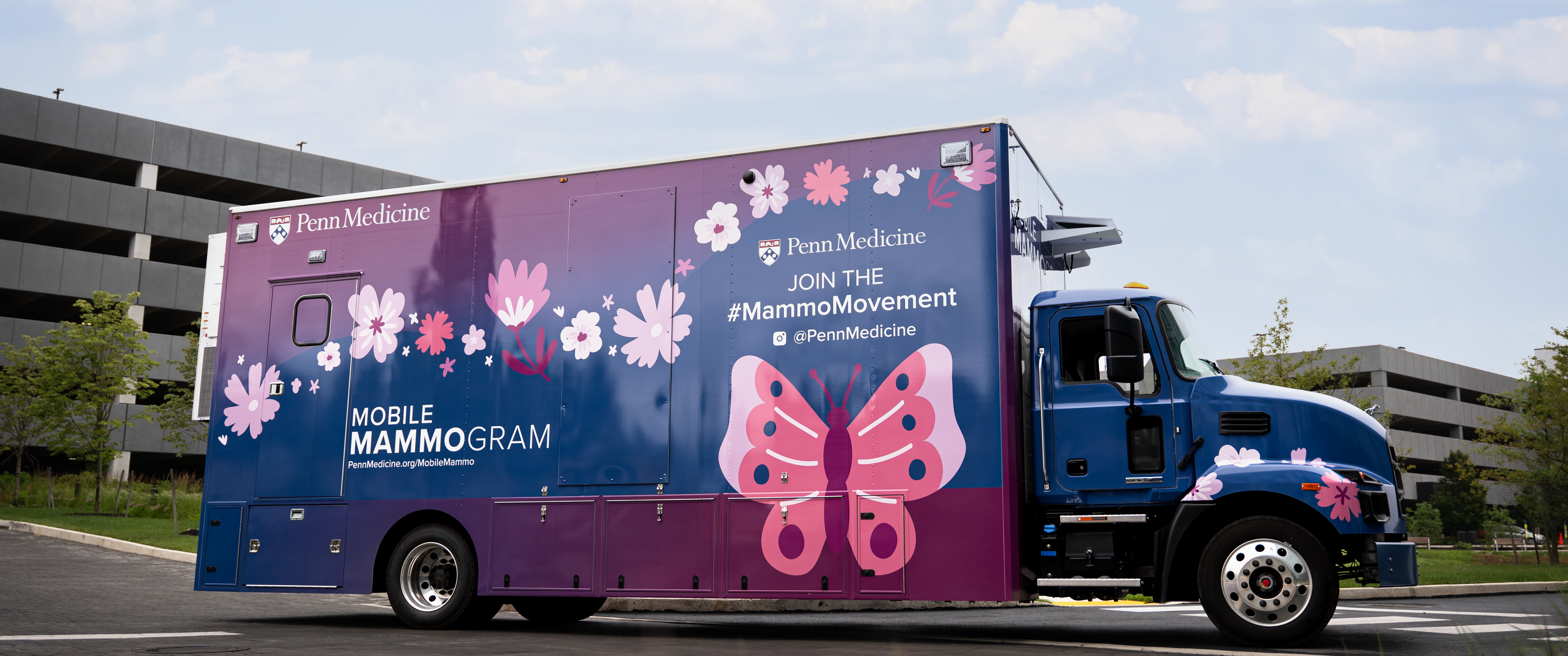 Exterior of a mobile mammogram van in a parking lot