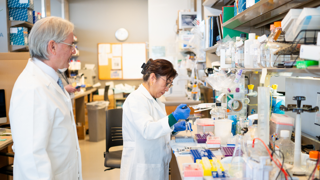 Jonathan Epstein stands beside another researcher in his lab who is pipetting with test tubes at the lab bench