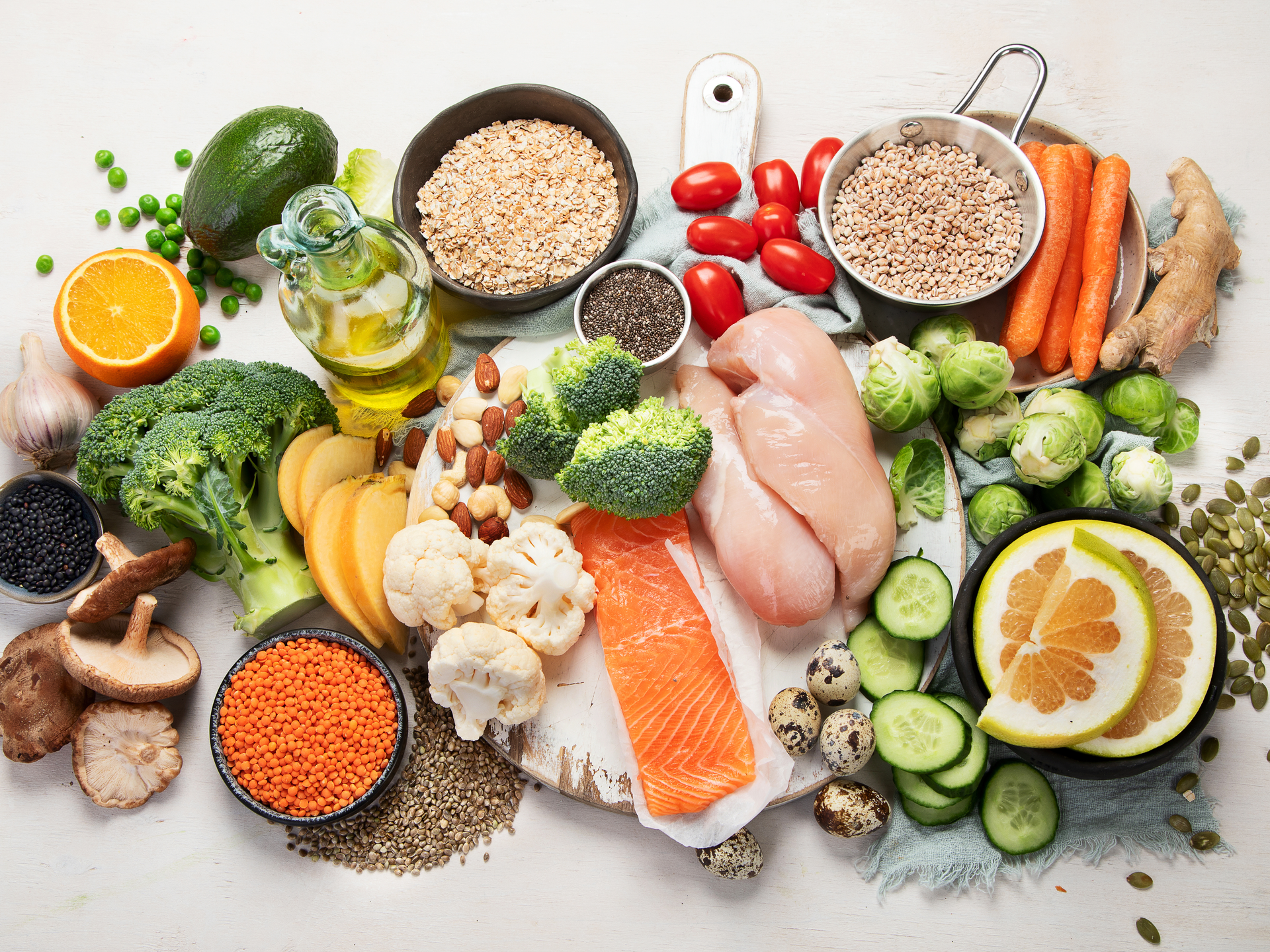 Healthy food selection on white background