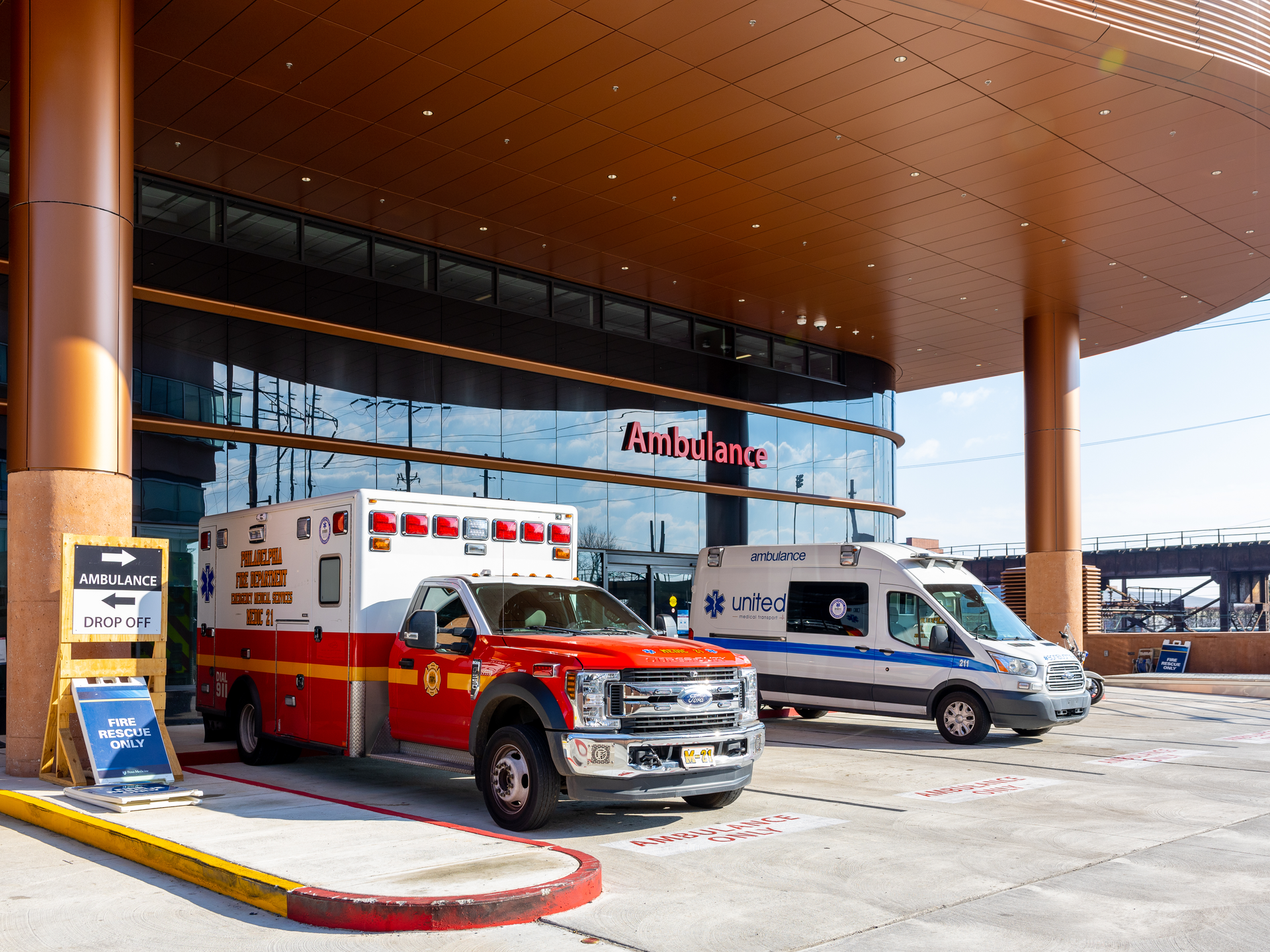 Ambulances parked outside the ambulance bay at the Clifton Center for Medical Breakthroughs