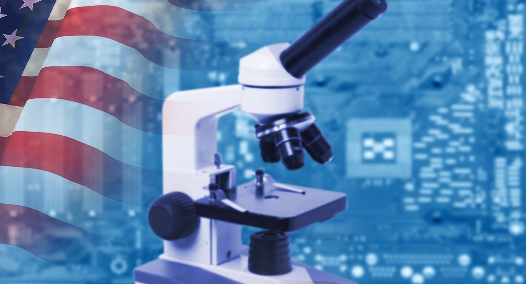 A microscope with a waving American flag in the background