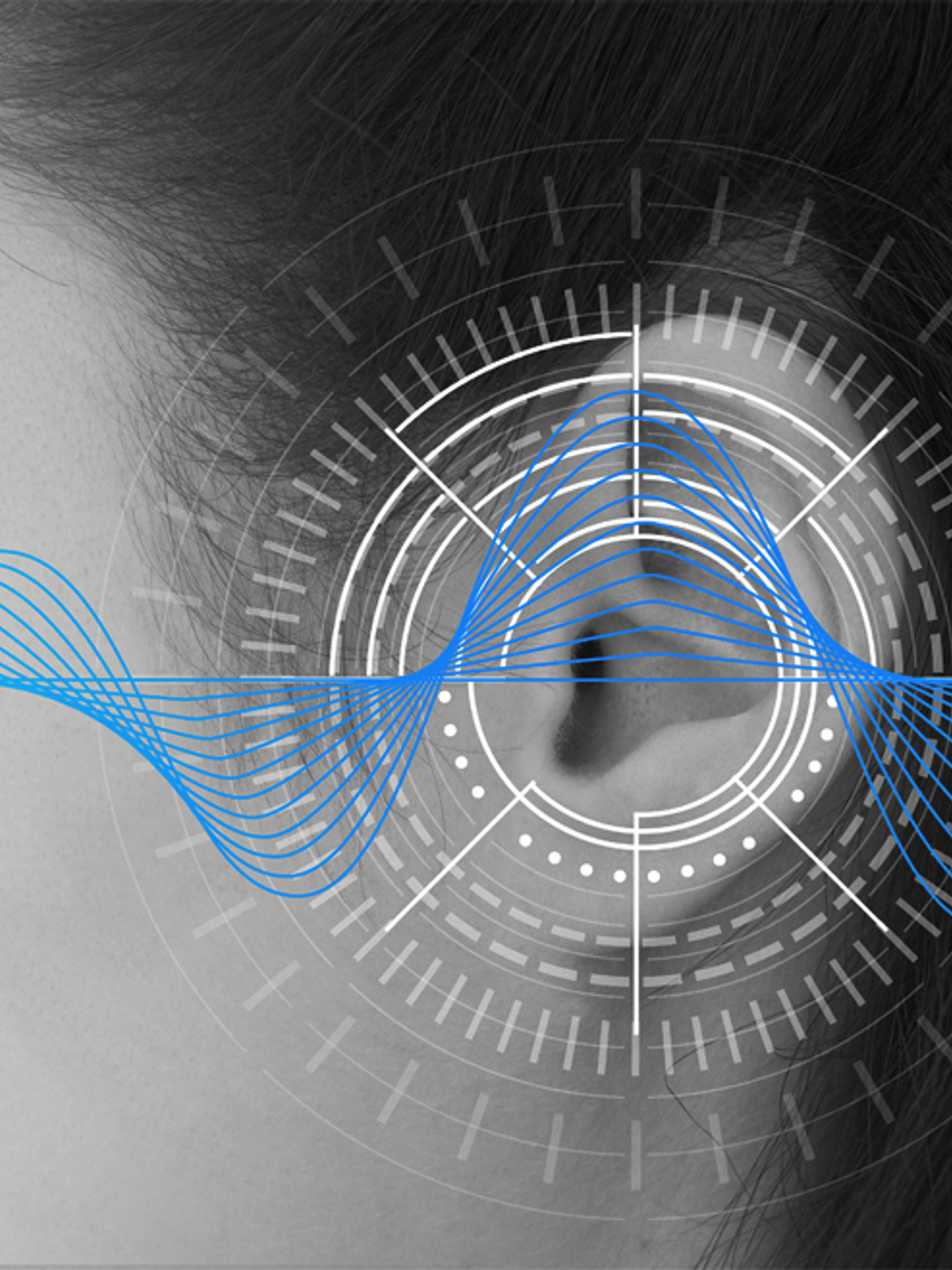 An artistic rendering of sound waves superimposed on a young woman focuses on the ear