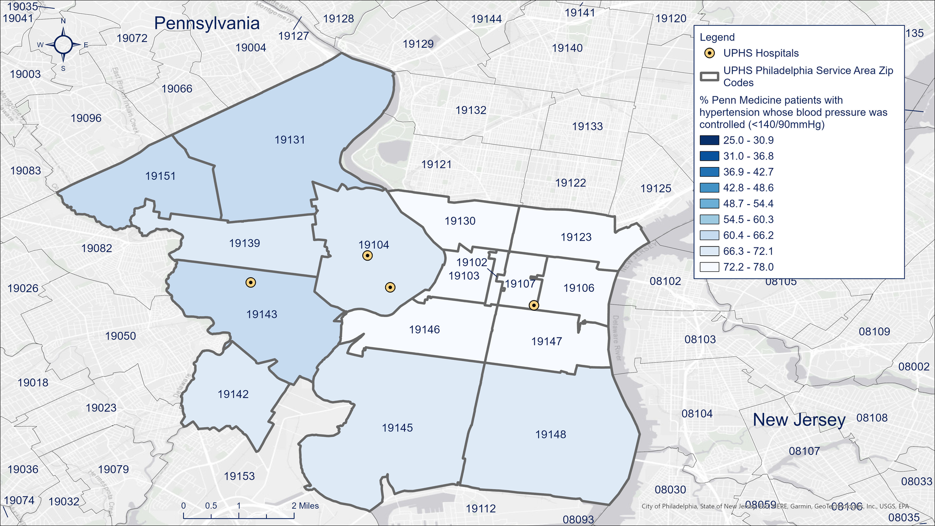 This map shows the percentage of Penn Medicine Primary Care patients with high blood pressure that was under control (less than 140/90 mmHg)