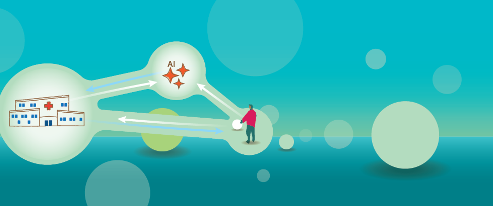 Retro-futuristic illustration of connected idea bubbles with images of technology, hospital, and human figure