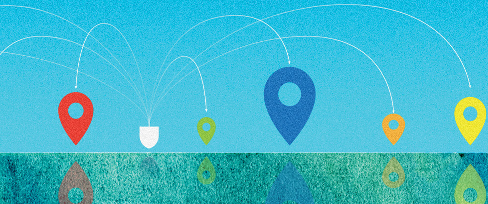 Illustration of colorful map of location markers arrayed around the Penn shield on a landscape, each marker emanating from the shield with a curved arrow