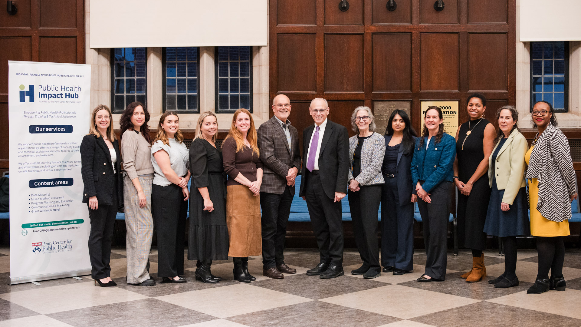 A group shot of representatives from the Penn Center for Public Health and the Scattergood Foundation at the announcement of the Impact Hub
