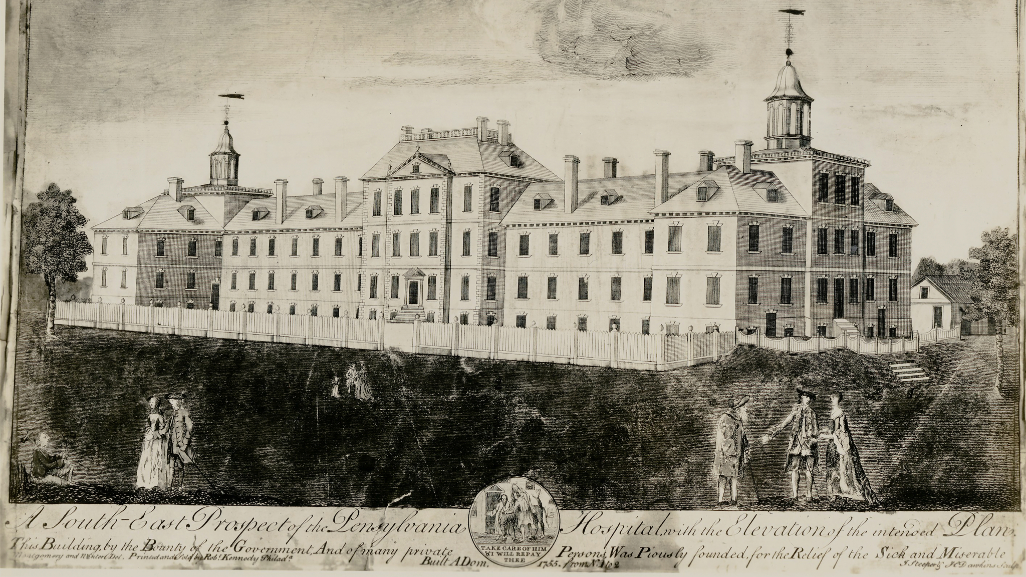 Old black-and-white sketch of the Pine Building of Pennsylvania Hospital, circa 1751