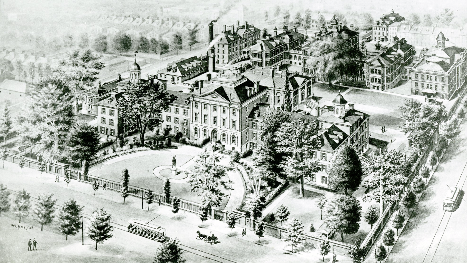 An illustration of Pennsylvania Hospital’s Pine Building with surrounding homes and buildings