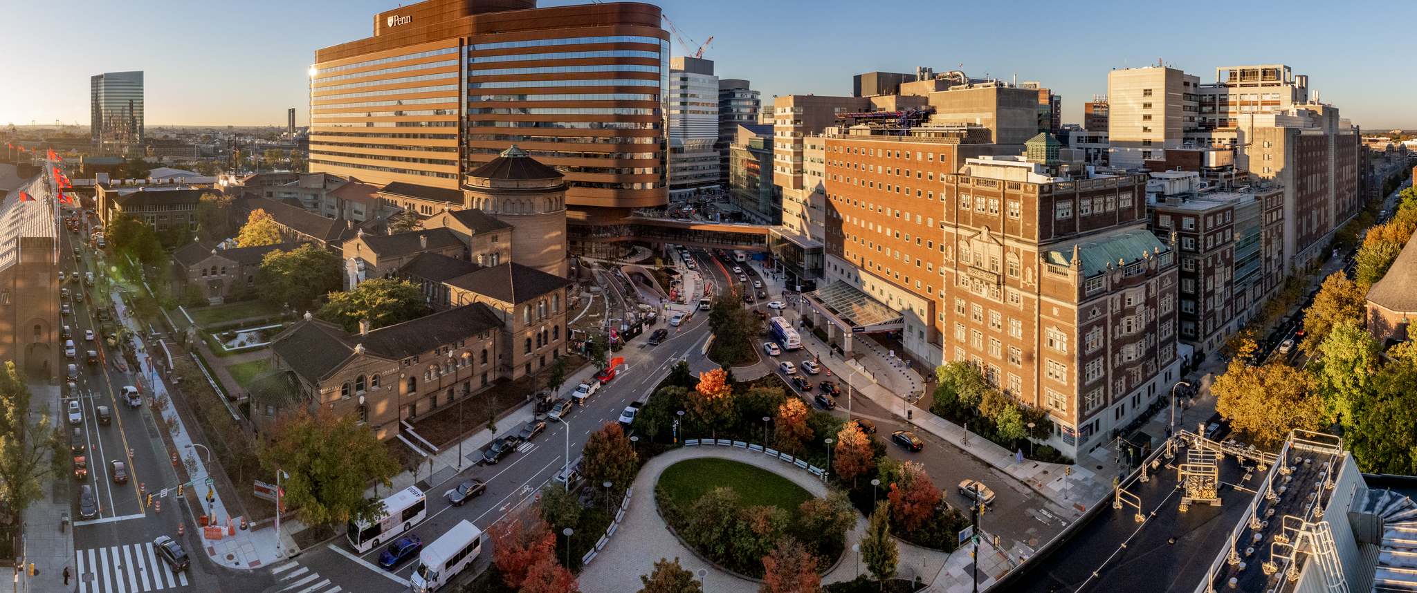 An aerial view of the Hospital of the University of Pennsylvania campus including the Pavilion and other HUP buildings