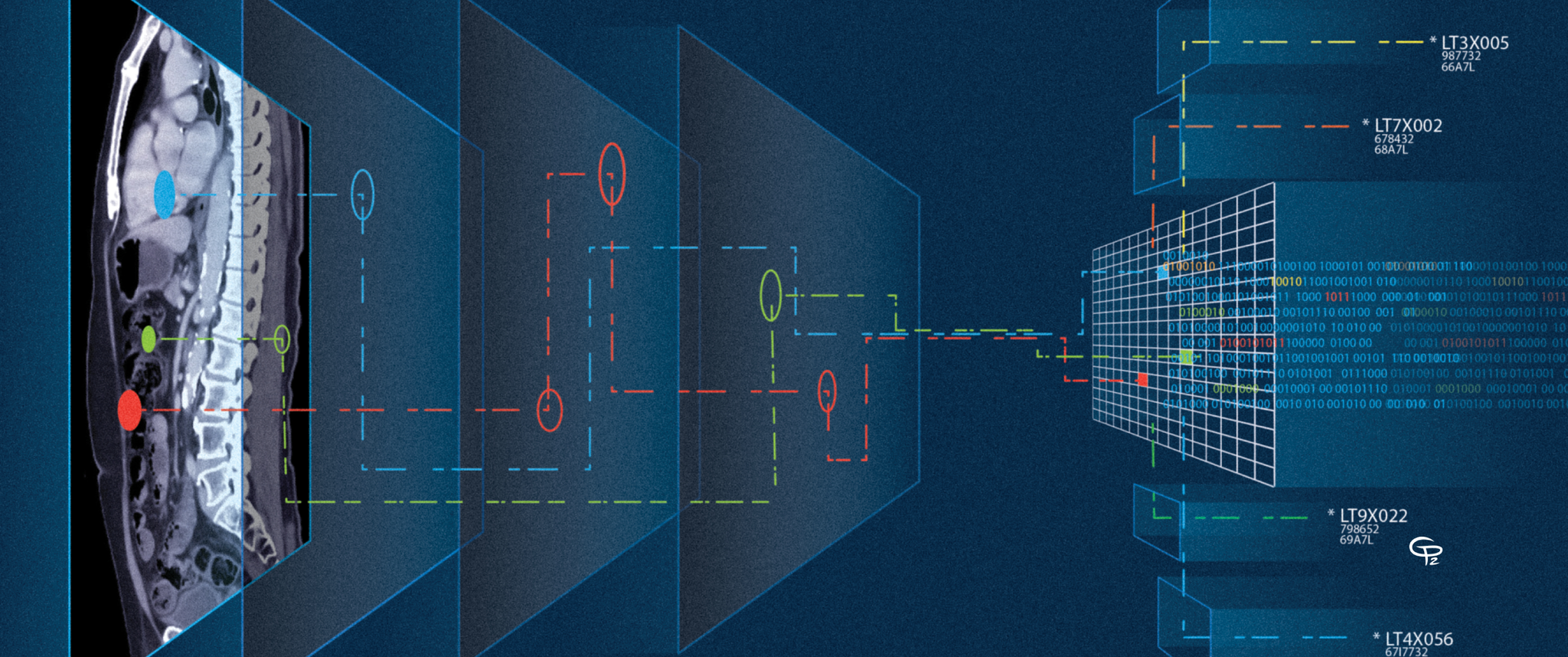 An illustration shows the abstract concept of a machine interpreting layers and meaning in a scan of a human torso
