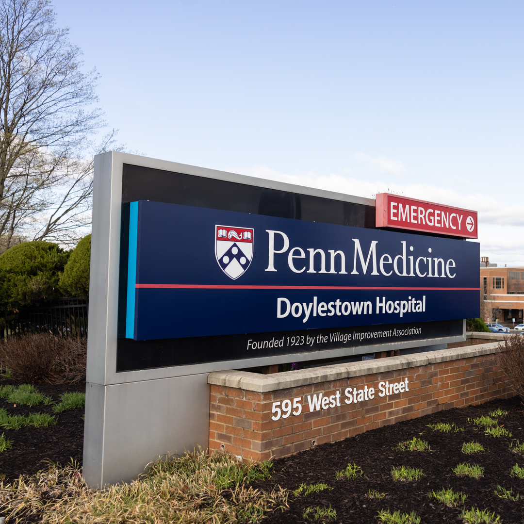 Penn Medicine Doylestown Hospital signage with hospital in the background