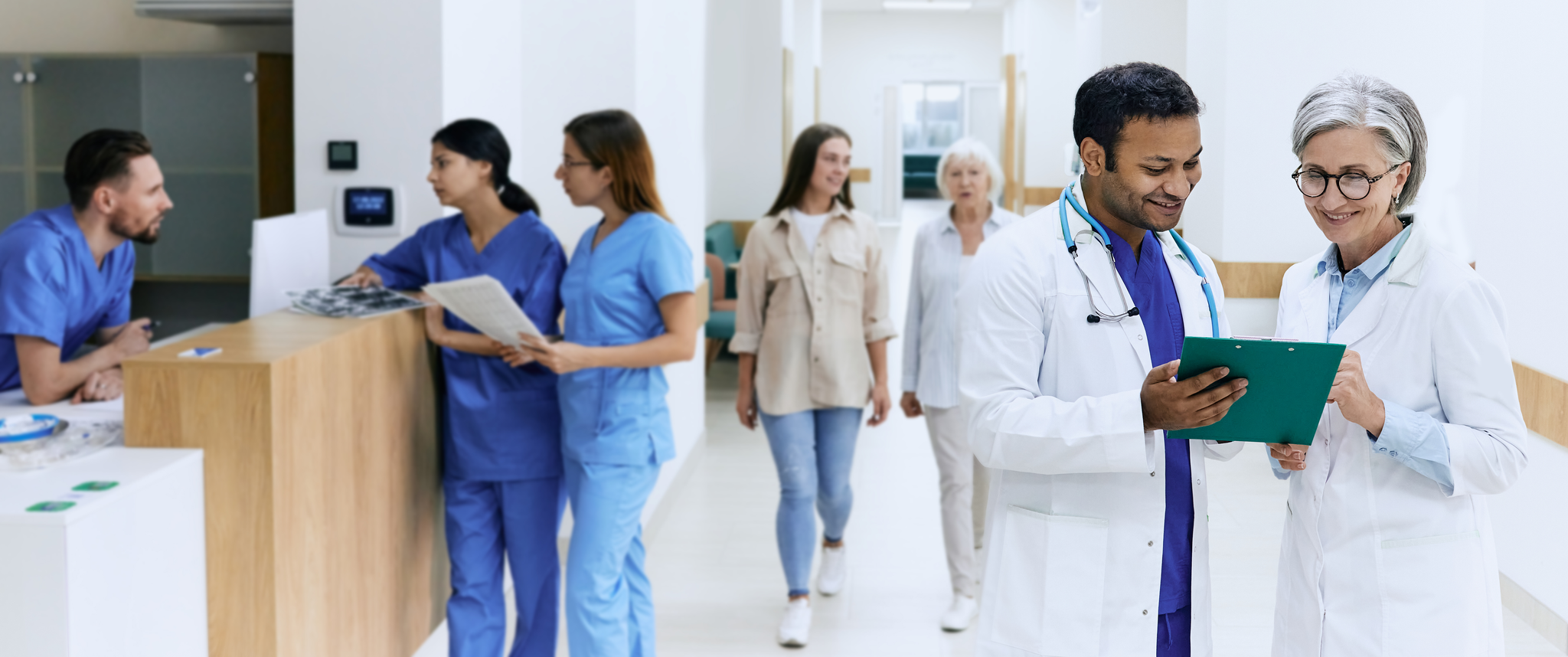 Hospital staff working in lobby