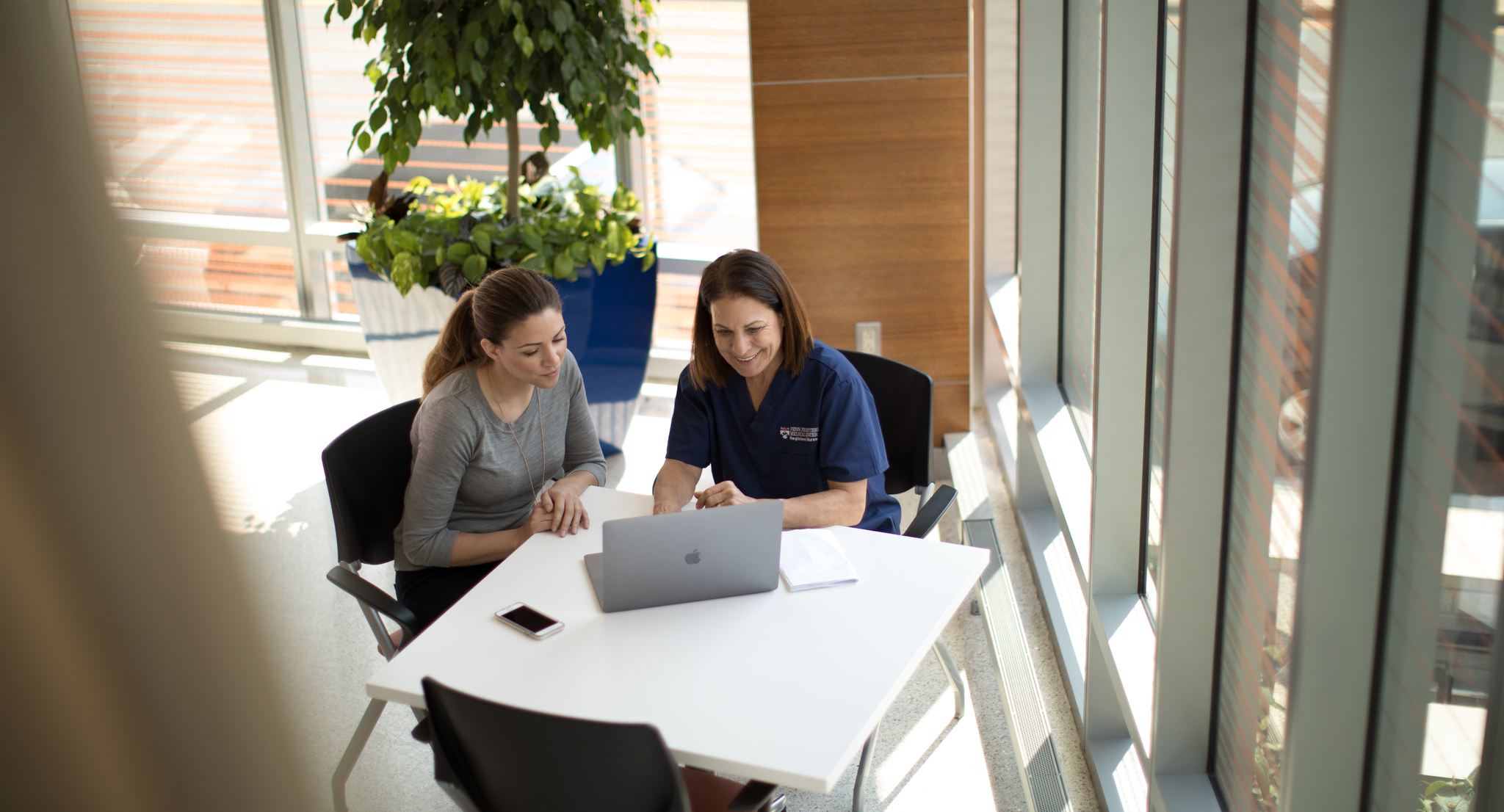 Aerial view of primary care doctor and patient looking at laptop