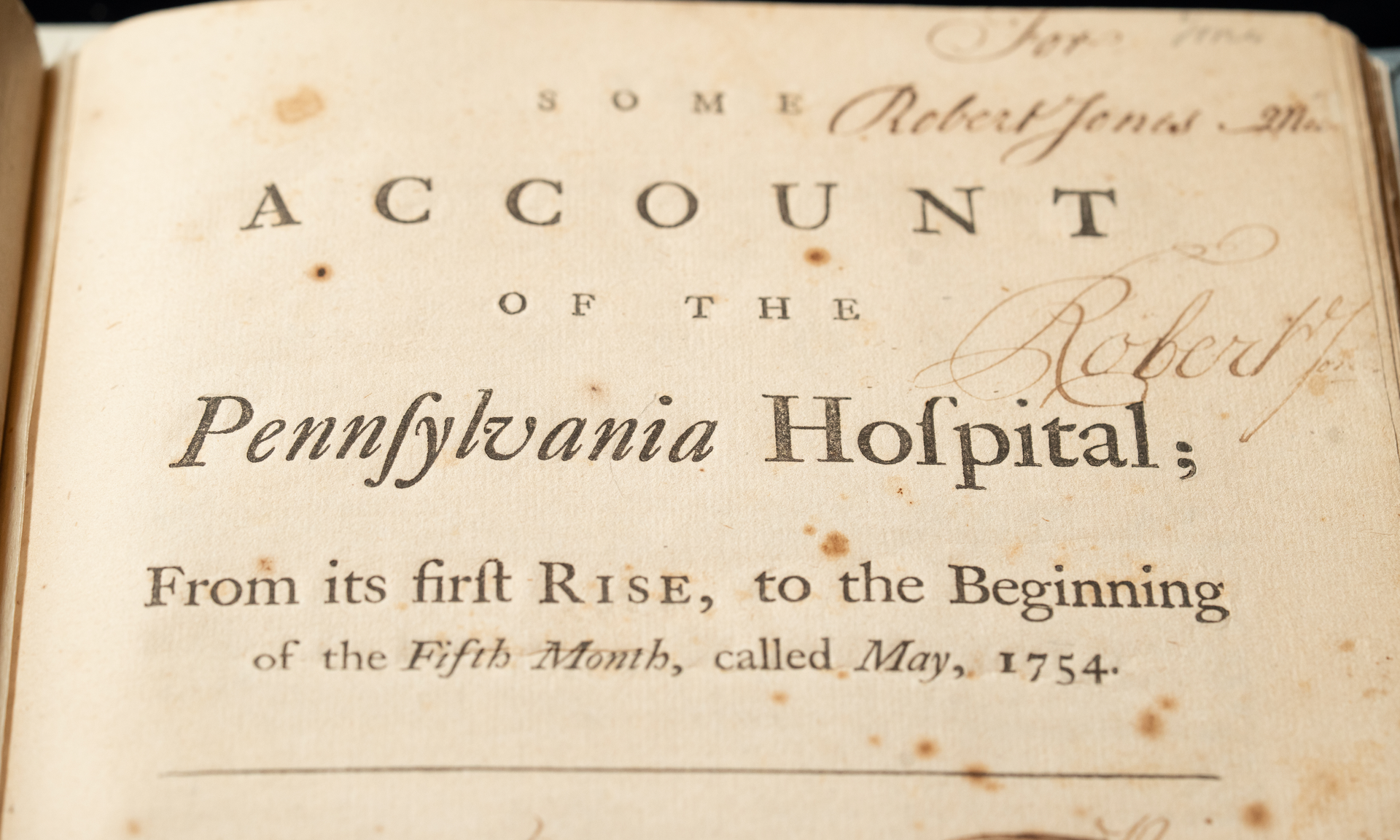 The first page of the history of Pennsylvania Hospital book