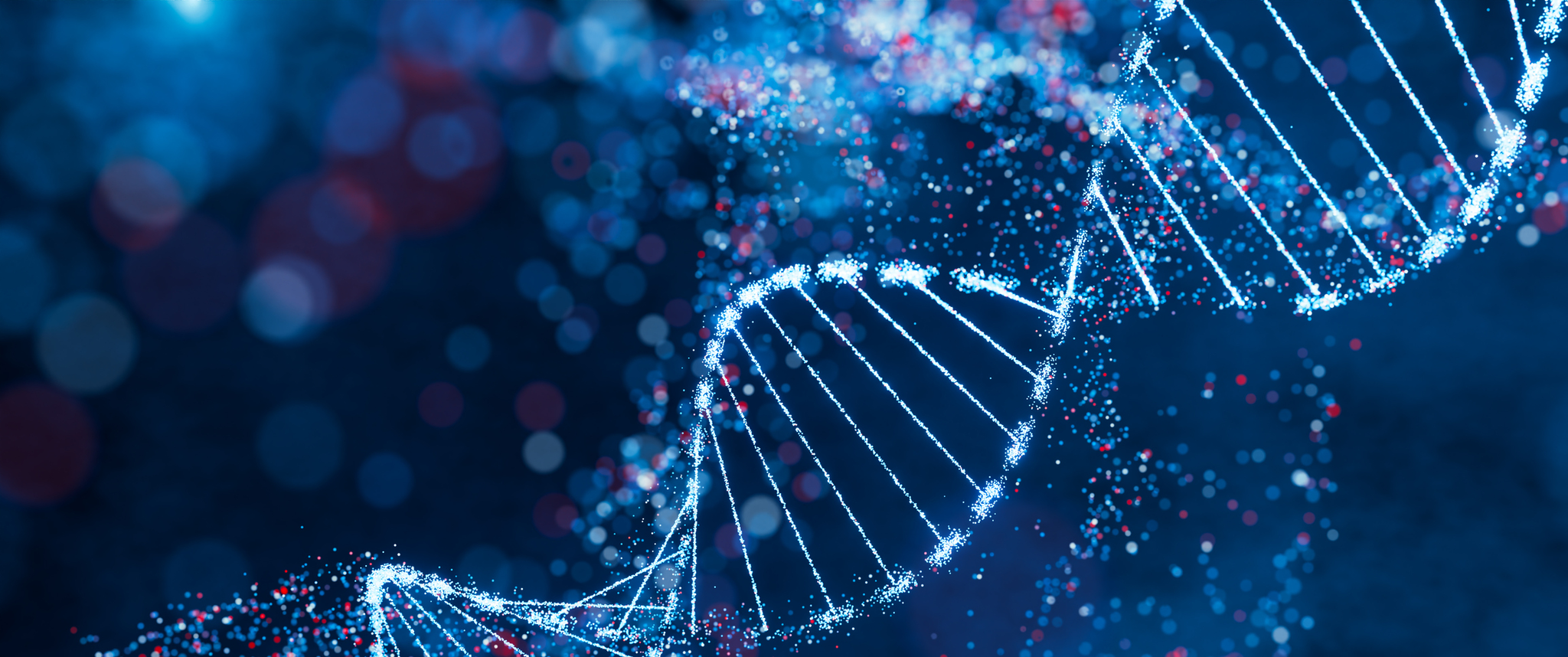 A glowing DNA strand on a blue background