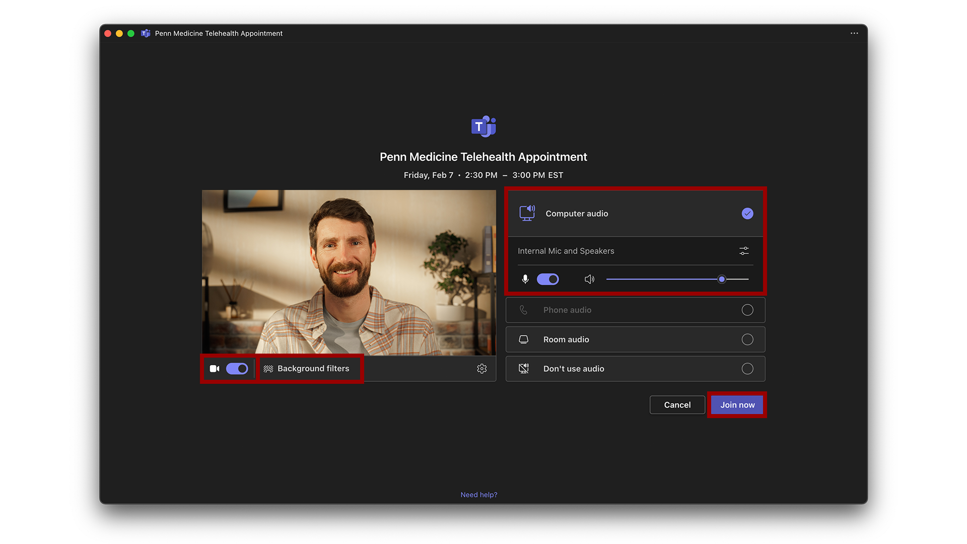 Microsoft Teams  for desktop join call options highlighted with red box