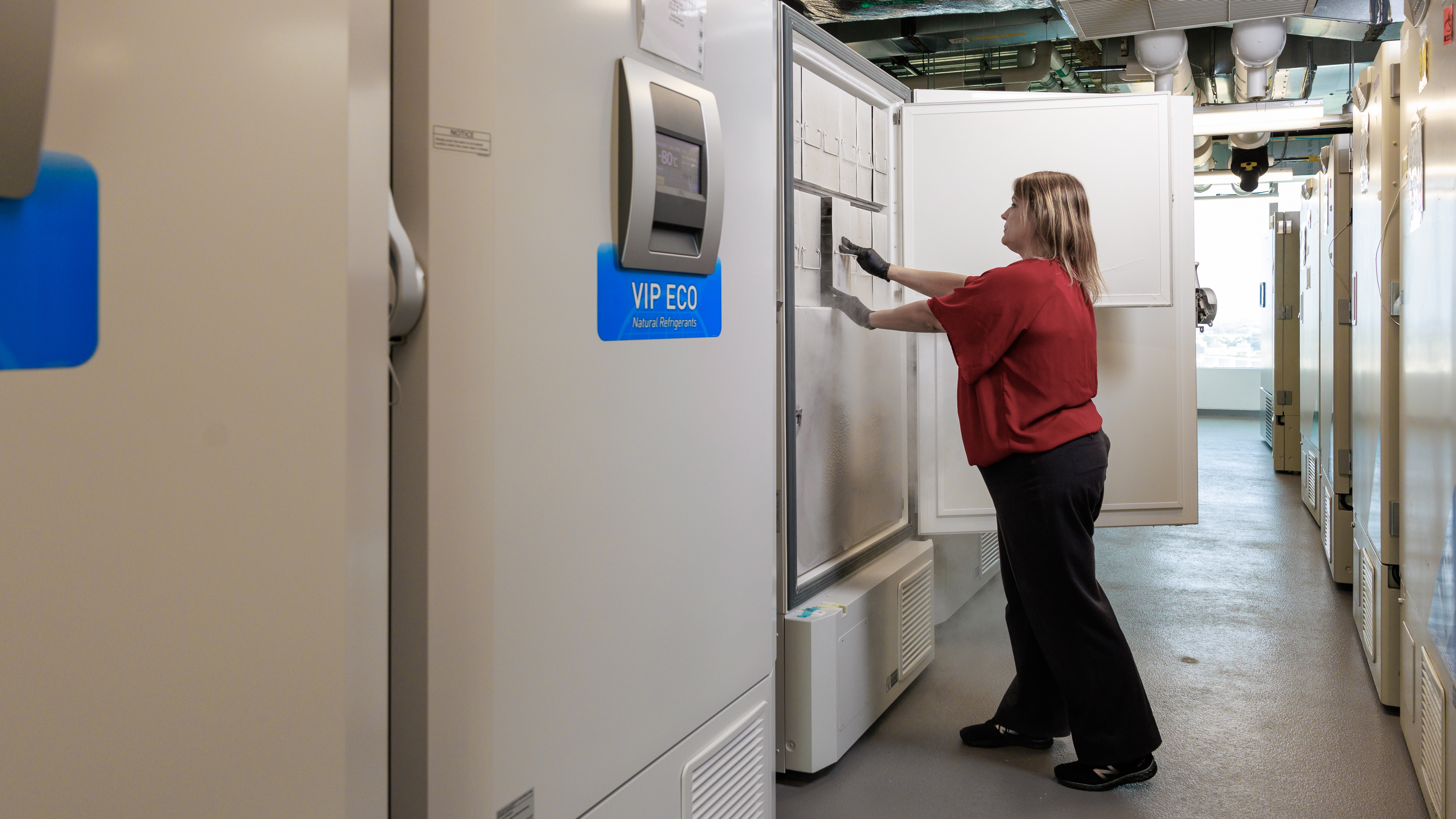 A woman opening a freezer in a long row of freezers