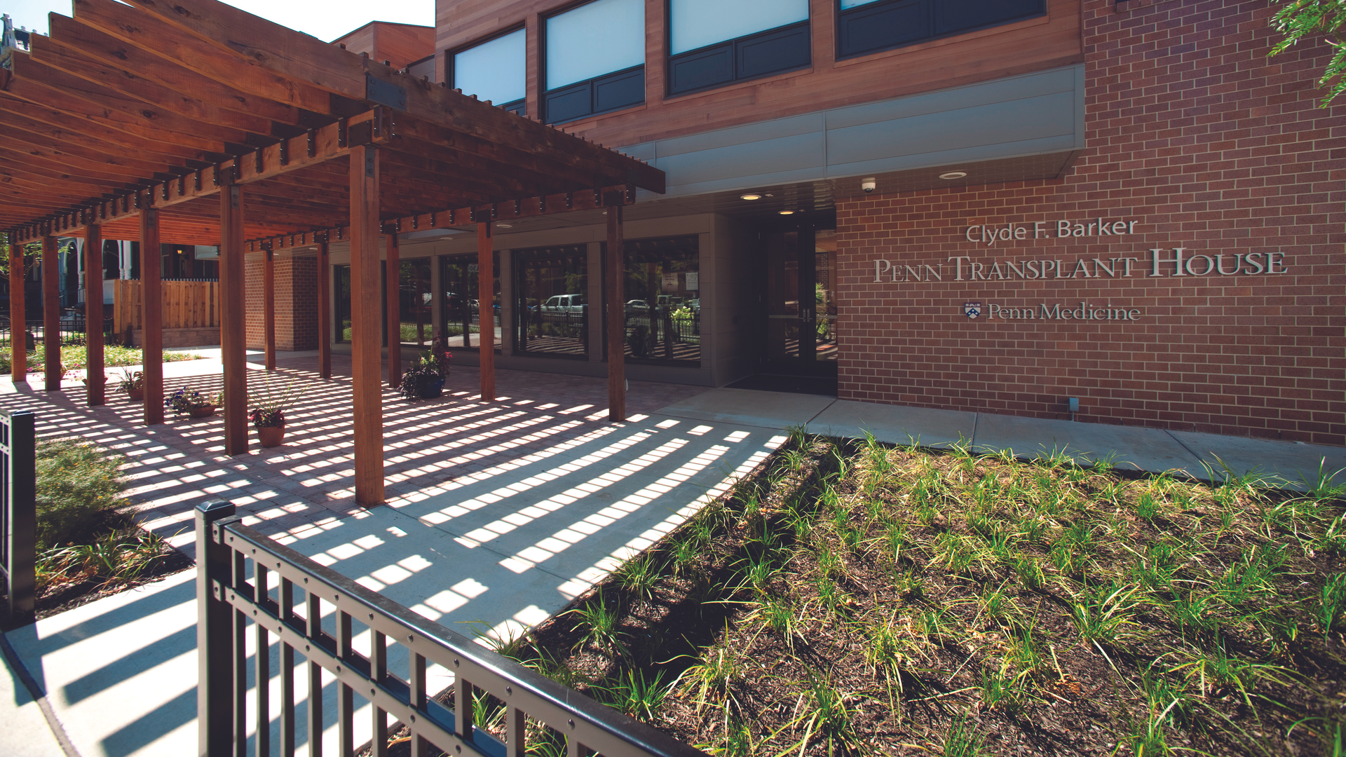 Front of the Clyde F. Barker Penn Transplant House building