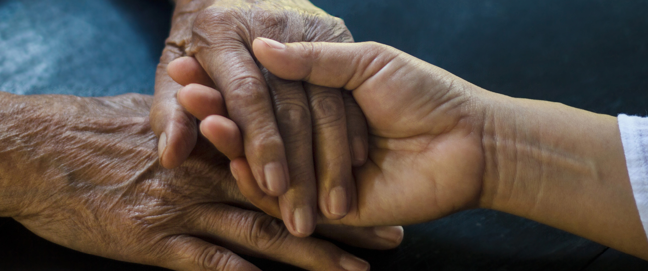 A close-up photo of an older brown-skinned person's hands, one hand being held by that of a younger person