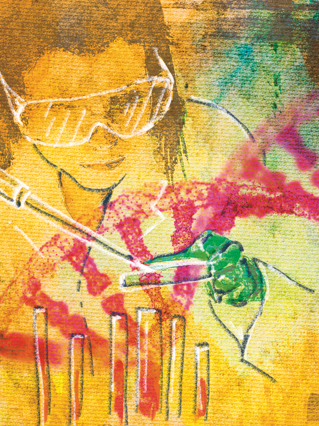 Abstract illustration of a scientist using a pipette, surrounded with images related to DNA