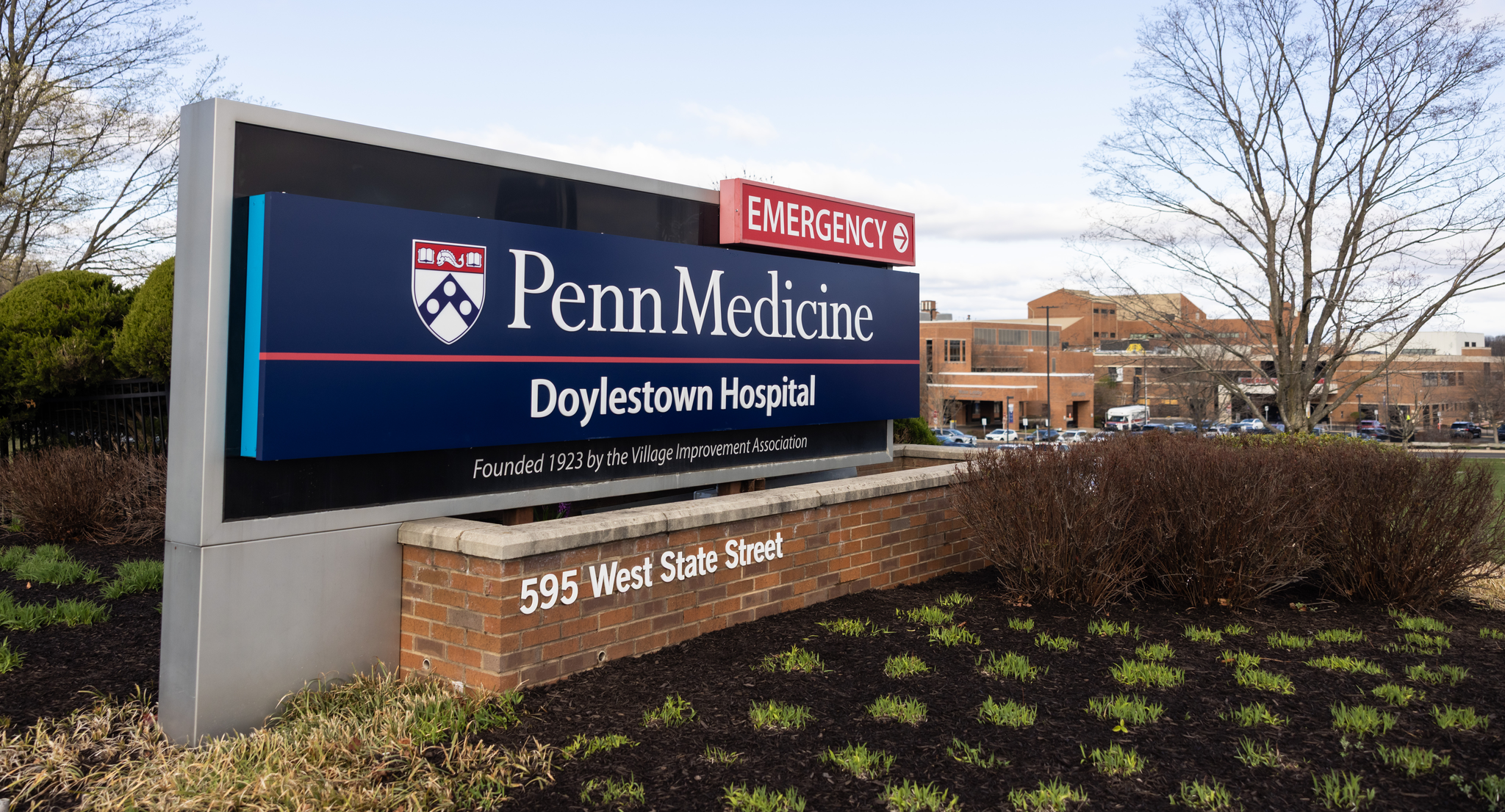 Penn Medicine Doylestown Hospital signage with hospital in the background