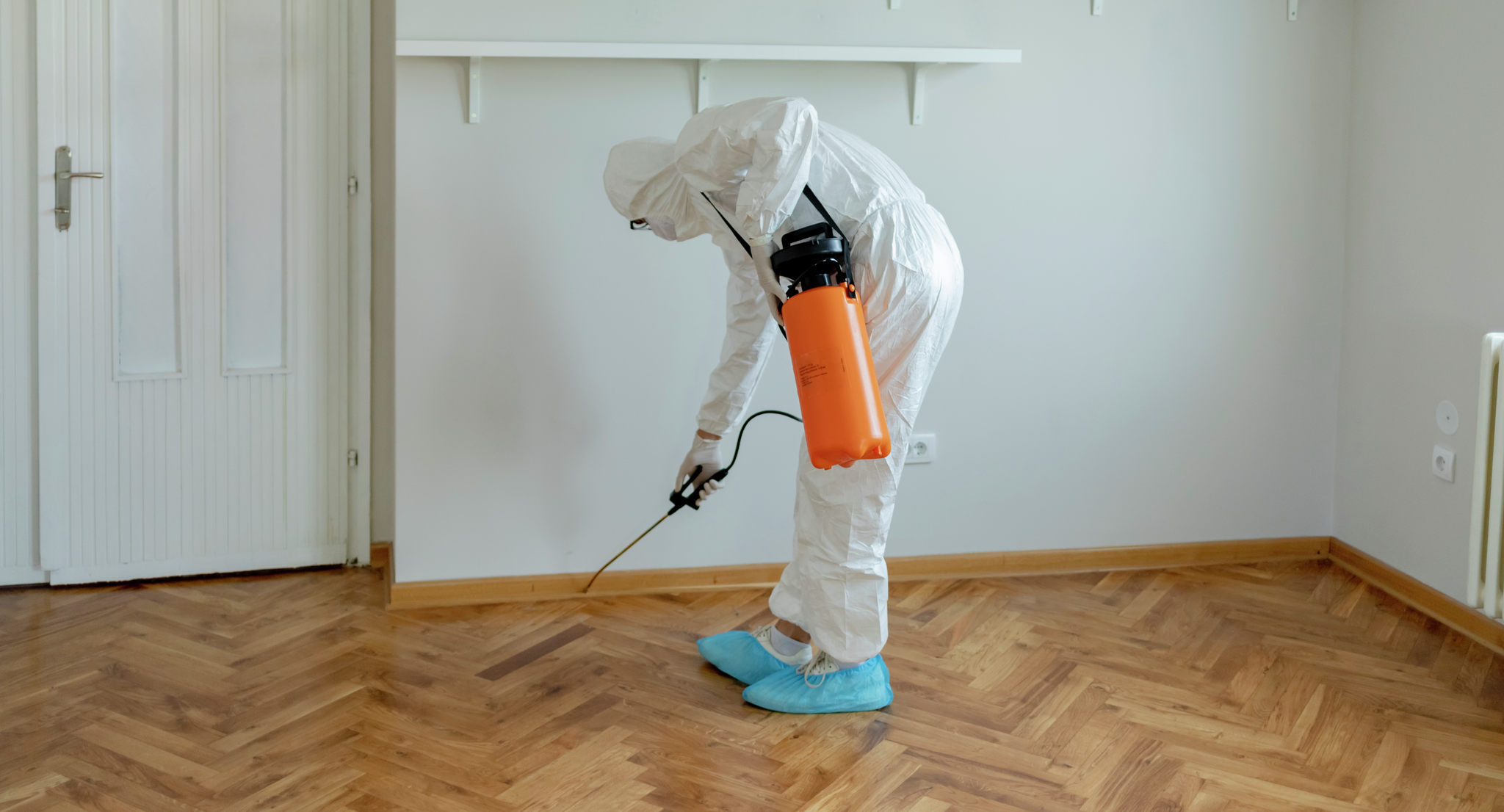 A person in protective suit sprays wood baseboards