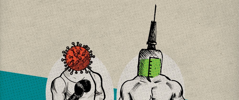 An old-fashioned illustration of two boxers fighting, but in place of their heads are a coronavirus shape and a vaccine syringe.